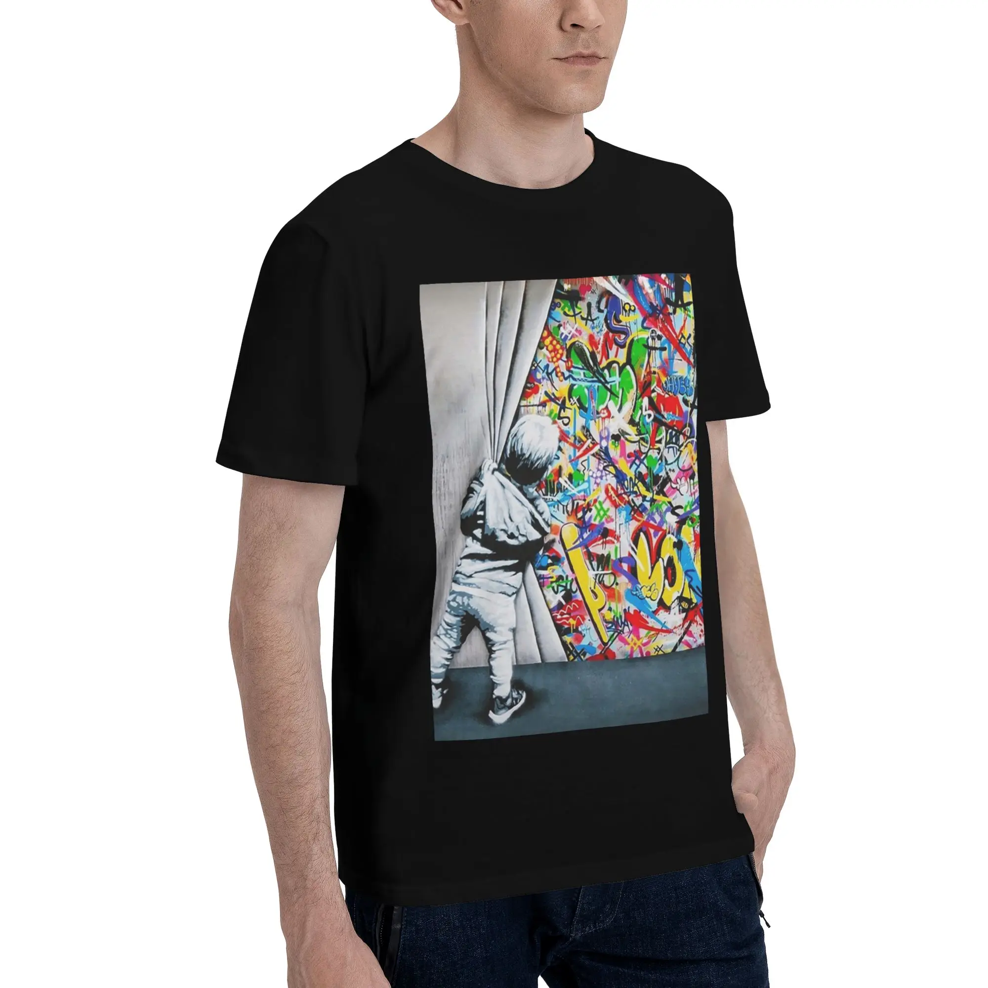 

Behind The Curtain Boy - Banksy Street Art Mural Мужская футболка Большие футболки Мужские хлопковые футболки с круглым вырезом Короткие летние мужские футболки