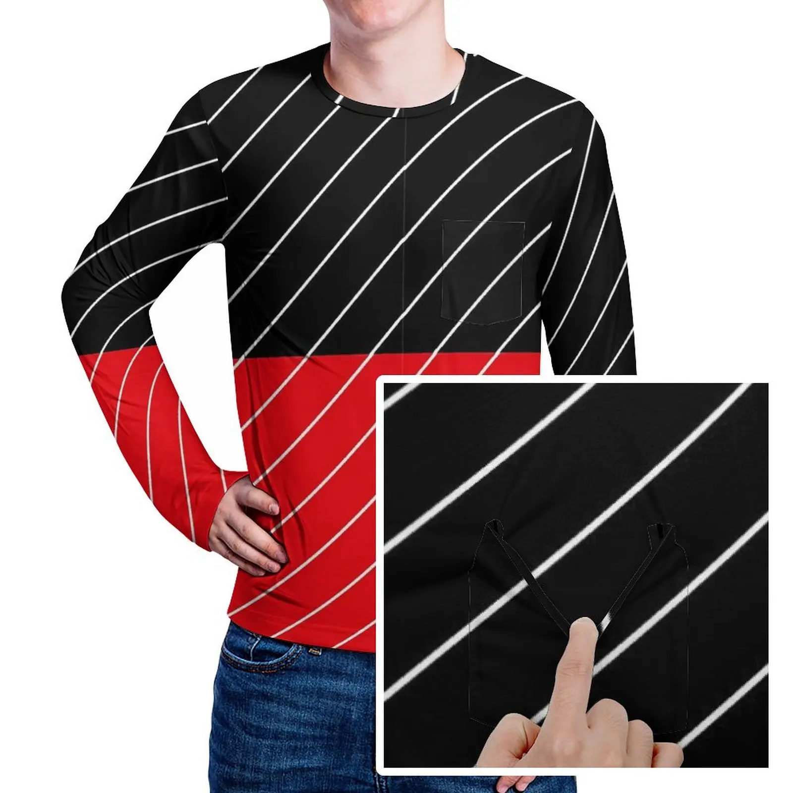 Two Tone T Shirt With Pocket Red And Black Striped Harajuku T Shirts Male Fun Tee Shirt Long Sleeve Custom Tops 3XL 4XL 5XL