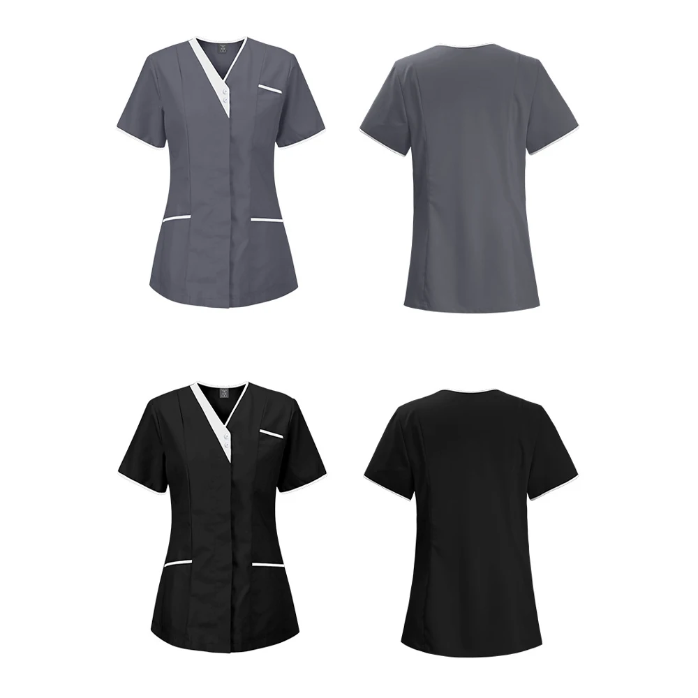 Camicia per chirurgia Scrub Uniforme medica Uniforme da infermiera Manica corta Colletto rialzato Abbigliamento da medico Camicetta per scrub medico tinta unita