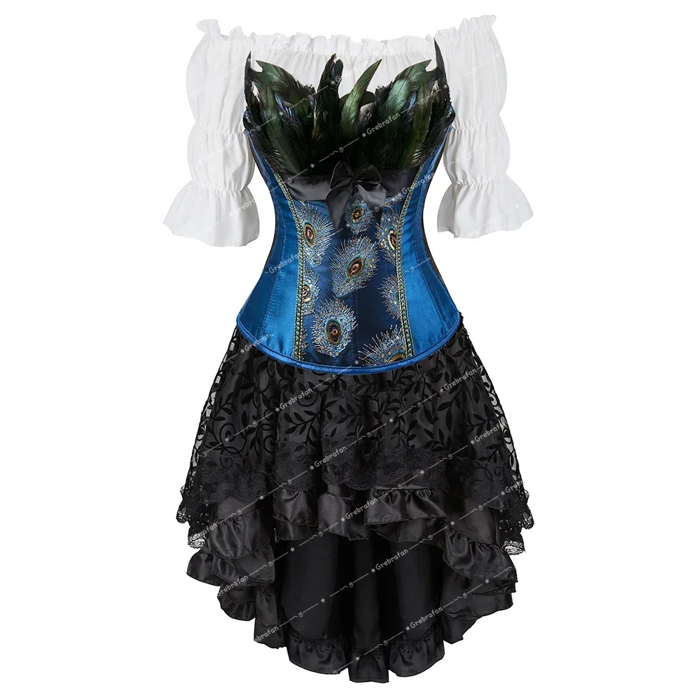 

Women Corset Skirt and Blouse Peacock Glitter Bustiers Vintage Showgirl Bustier Gothic Carnival Costume Burlesque Party Outfits