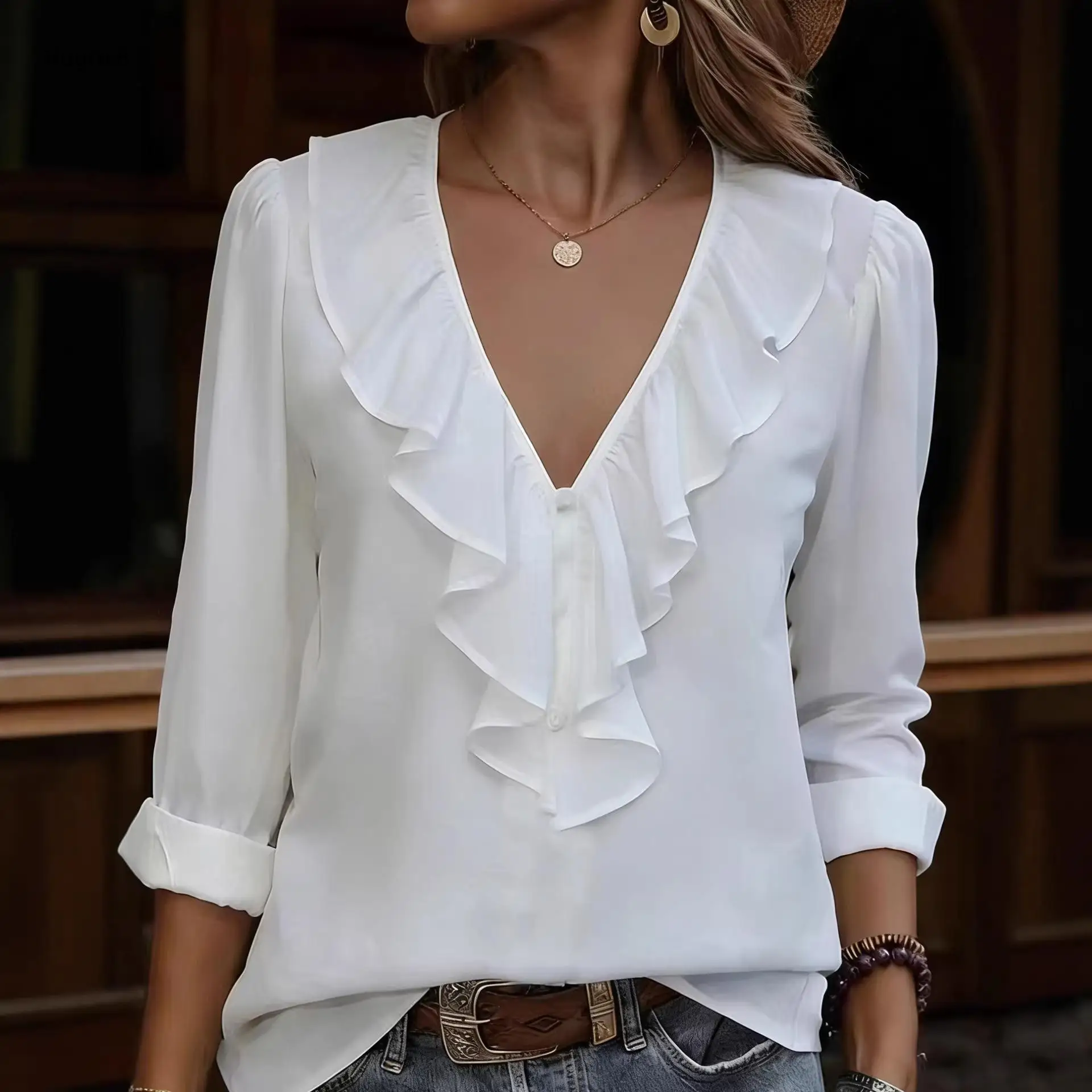 Relaxed Fit Ruffle Trim V Neck Blouse Three Quarter Roll Up Sleeve Solid Color Daily Casual Women Top