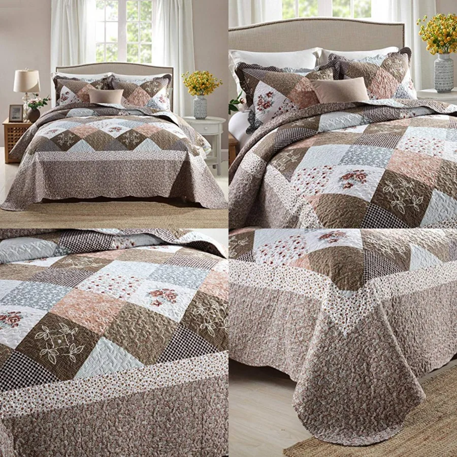 

Quilt Set King Size - 3 Pcs Microfiber Reversible Bedspreads Patchwork Coverlet Floral Bedding Set All Season Quilts- Splicing