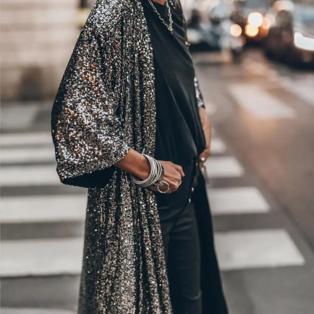 

Elegant Autumn Sequin Cardigan Woman Fashion Seven Point Sleeve Long Cardigan 2024 Temperament Street Commuting Blouse