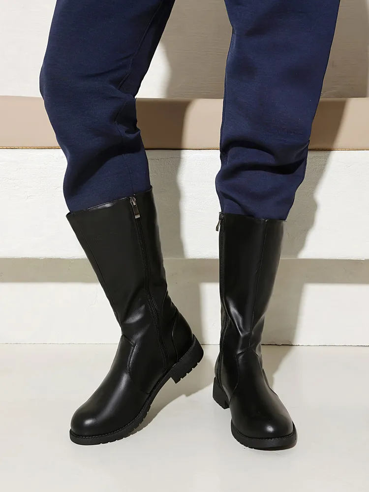 Men's Knight Boot with Belt Buckle High Top Autumn Winter Fashion Casual round Toe Anti-Slip Rubber Outsole Leather Lined