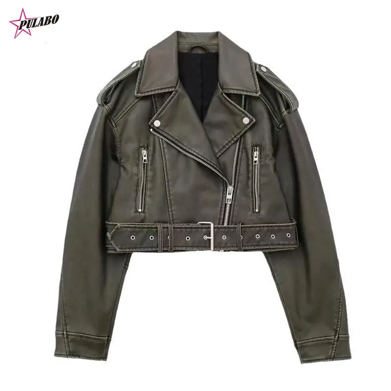 PULABO 2024 Women's washed leather jacket with belt, short coat with downgraded zipper and vintage lapel jacket