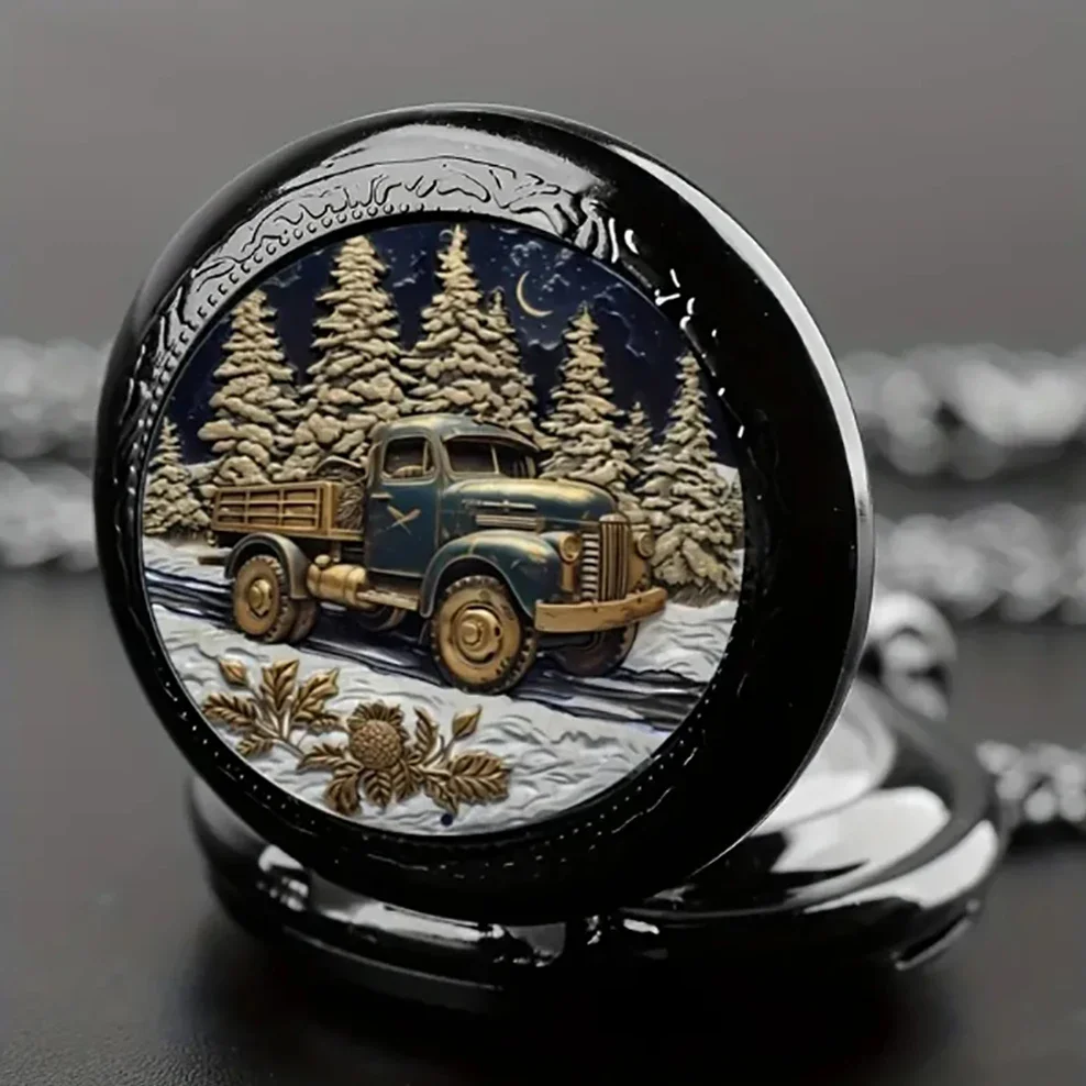 ブラックキャリングトラック雪中クォーツ懐中時計ペンダントメンズギフトファッションヴィンテージレディースネックレス時計ドライバーギフトお土産