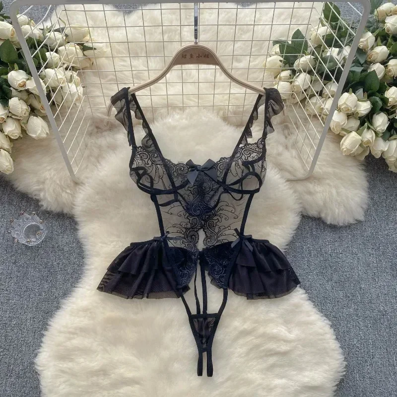 Sexy Embroidered Jumpsuit Lace Playsuits Women Sheath Hollow Out Lingerie Ruffles Jumpsuits Transparent Sexy Bodysuits