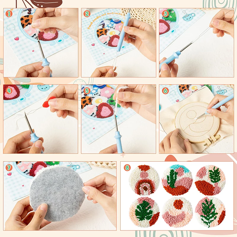 22Pcs Punch Needle ricamo Kit fai da te cuciture sottobicchieri Needlecraft Boho Pattern trapuntato tappetini con filati di feltro per principianti