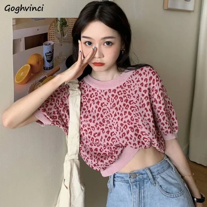 Camisetas de malha femininas vintage chique leopardo sexy ulzzang verão solto simples o pescoço all-match doce feminino harajuku recortado topos