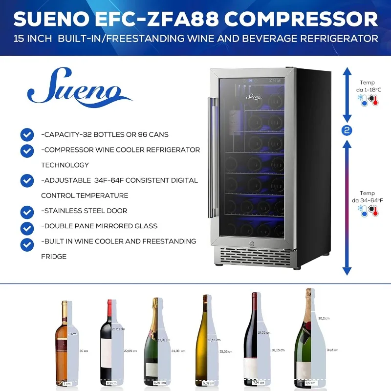 SUENO 15“ Built-In/Freestanding Wine Cooler Refrigerator 32 Bottles or 96 Cans Digital Touch Control Stainless Steel Mirror