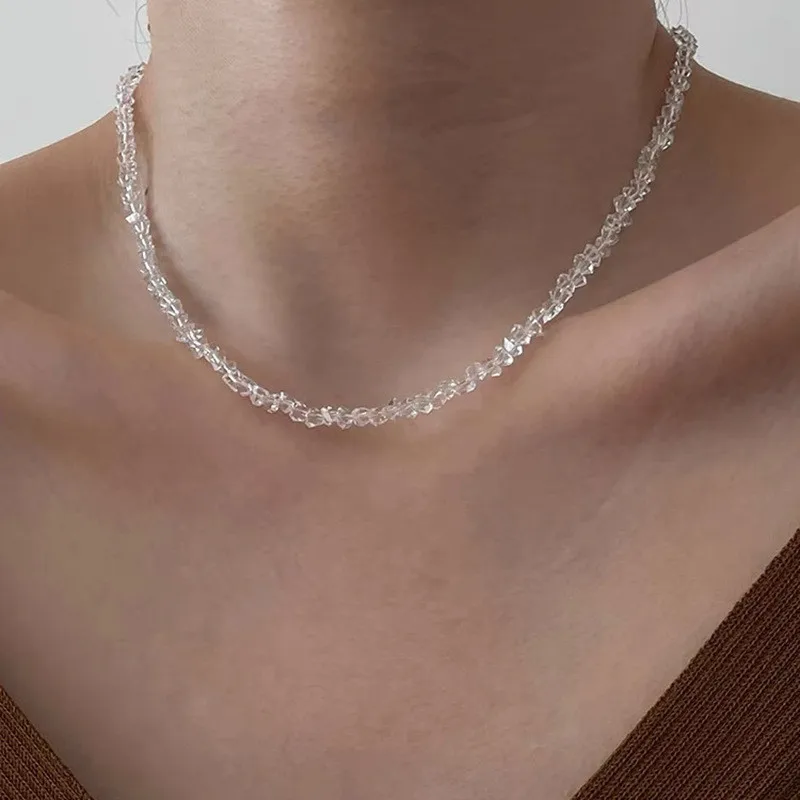 Mulit-Cut Glass Crystal Irregular Beaded Choker Necklace for Women Transparent Vintage Korean Collarbone Collar Neck Jewelry