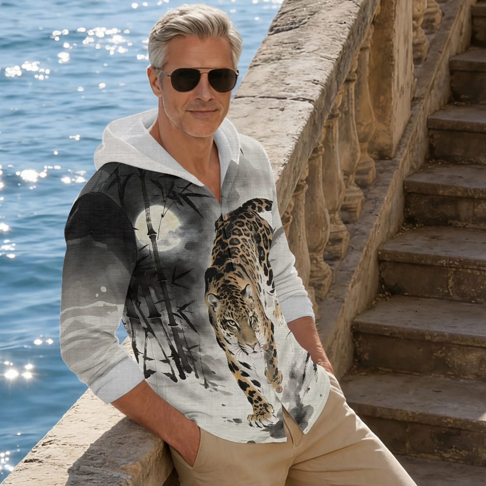 PENSTROLL Wash Leopard Print Linen Like Casual Hooded Tops Fashion Tops for Adult Button Front Men's Hoodie
