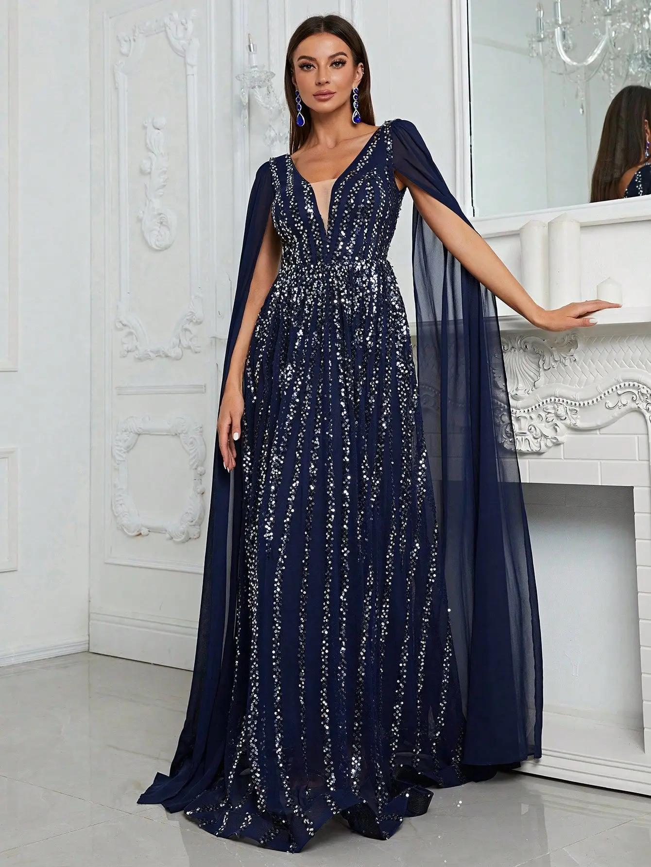 LZPOVE Luxury Evening Dresses for Women 2024 V Neck With Jacket Sequined A-line Formal Prom Dress Long Dress Dubai Party Gown