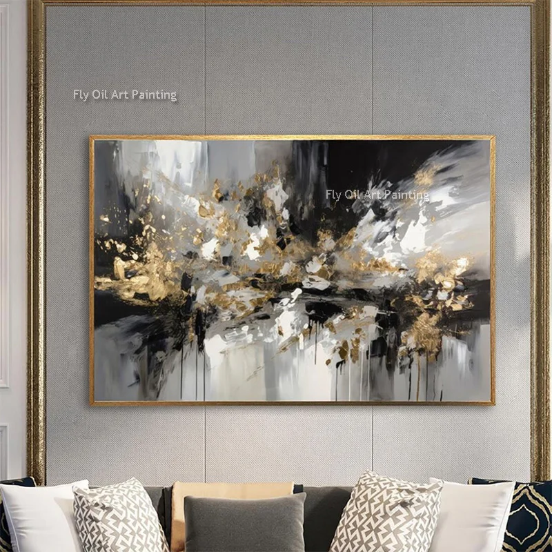Brown And Black Golden Abstract Cityscape Oil Painting Handmade Black Grey Canvas Wall Art Gold Foil Artwork For Home Decor
