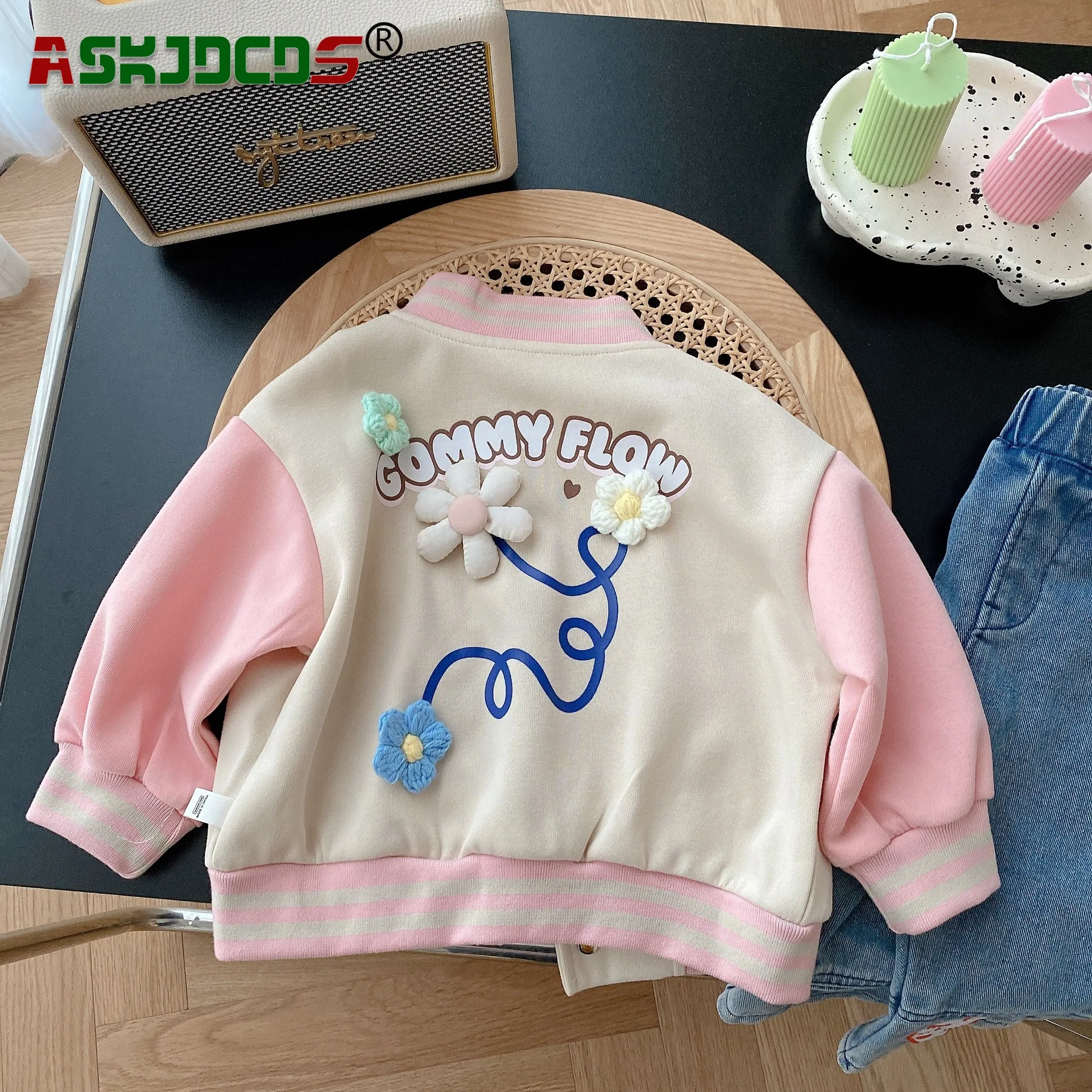 Color Blocking Letter 3D Flower Coat Fashionable Baseball Uniform Kids Baby Girls 2023 Autumn Collection 6M-5Y  