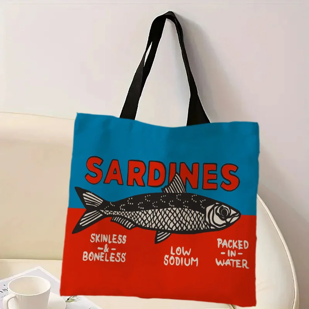 Bunte, trendige Sardinen-Druck-Freizeithandtasche, wiederverwendbarer modischer Rucksack, multifunktionale Einkaufstasche, Polyester-Einkaufstasche – Detail 2