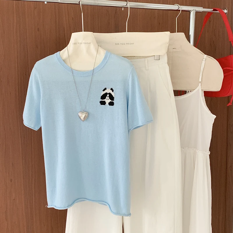

Summer 100% cotton women's T-shirt casual solid color knitted pullover short sleeved loose round neck embroidered cartoon top