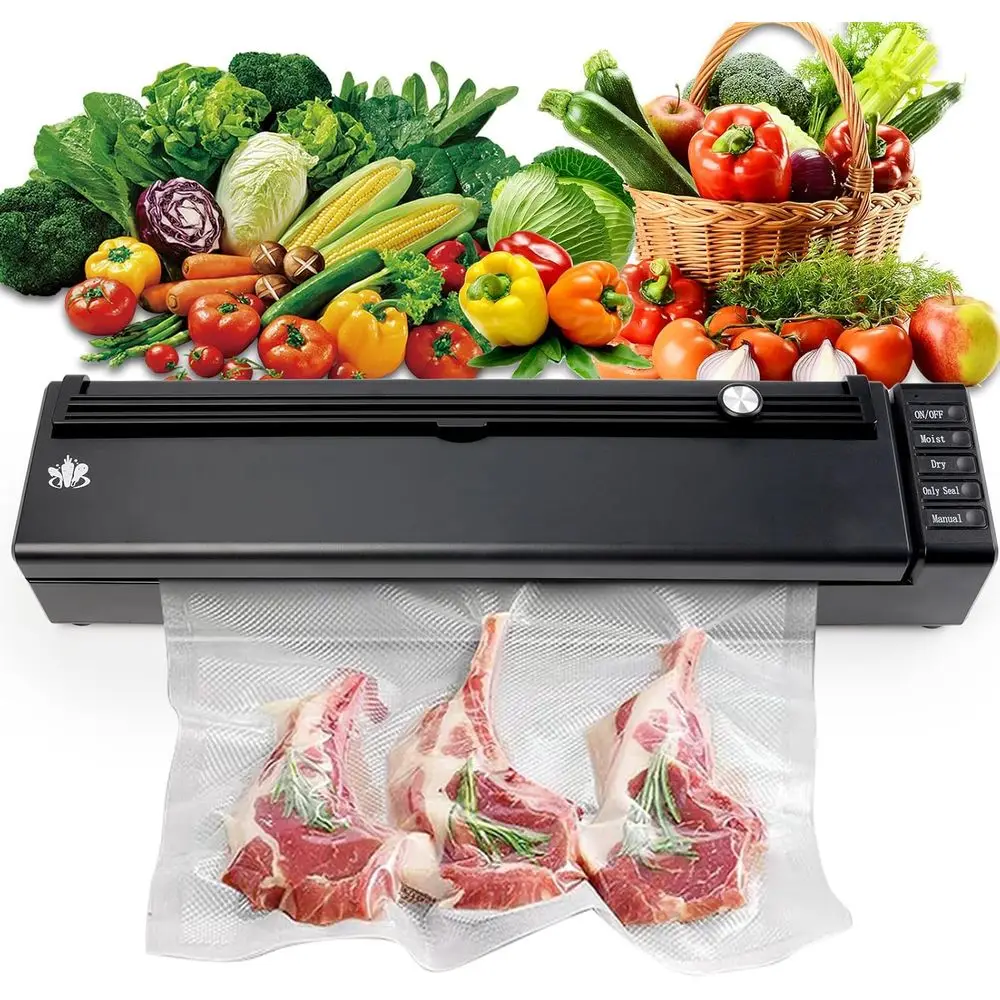 

Перезаряжаемый вакуумный упаковщик для сухих и влажных продуктов, со встроенным резаком и отсеком для хранения пакетов, с внешним всасывающим шлангом для консервных банок