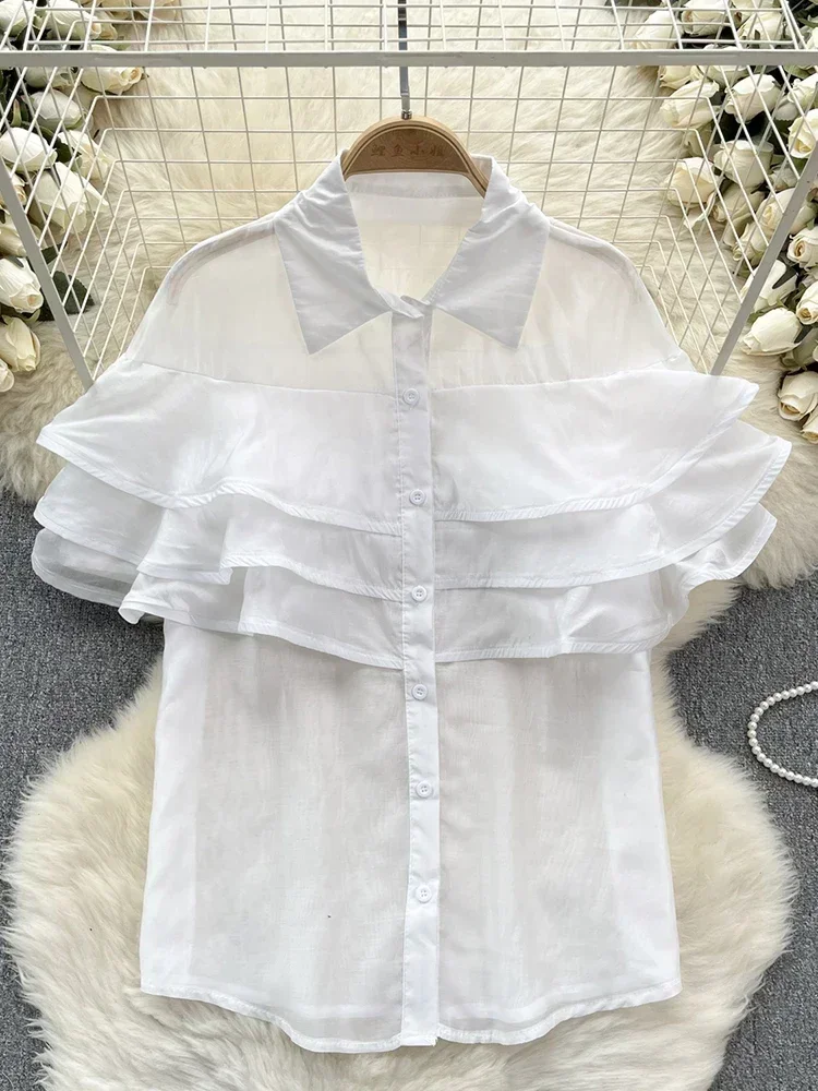 2026 Summer New Women's Fashion Ruffle Edge Short Sleeve Shirt with Versatile Texture Elegant Sweet Solid Color Top A10