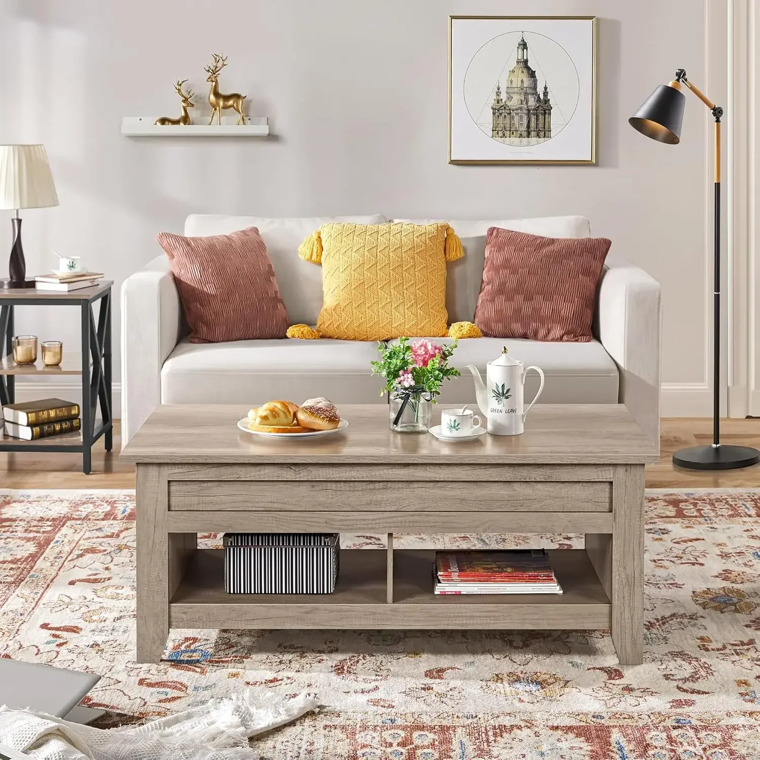 Lift Top Coffee Table with Hidden Storage Compartment & Lower Shelf, Lift Tabletop Farmhouse Table for Living Room Office