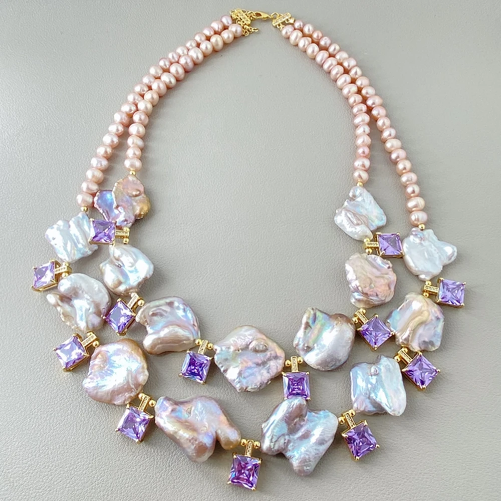 Y·YING 2 Strands Freshwater Purple Potato Pearl Keshi Pearl Lavender Square Cz Spacer Statement Choker Necklace
