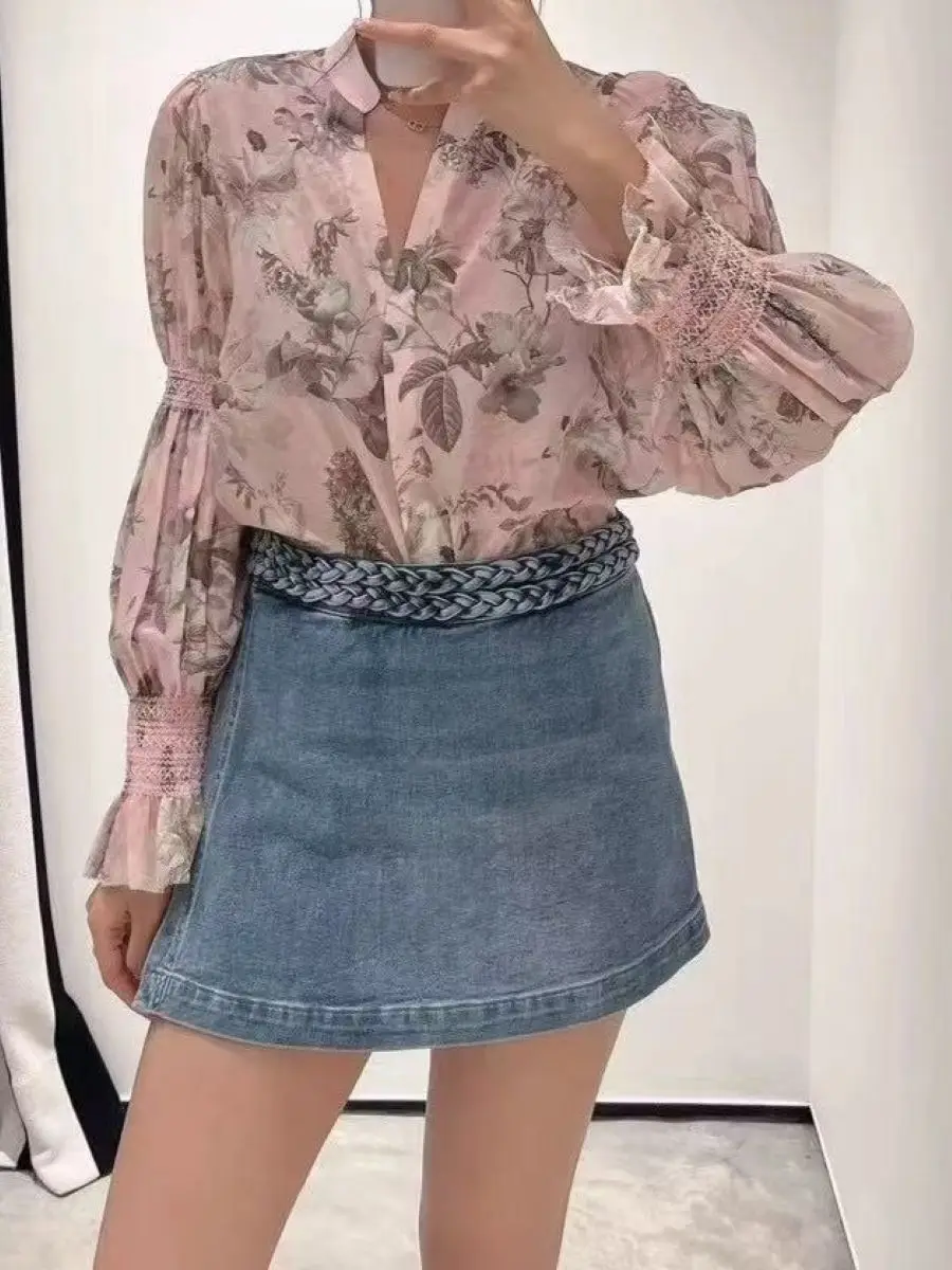 

Autumn Female Flower Printed Shirt Stand Collar Single Breasted Long Sleeve Elegant Ladies Silk Cotton Blouse Top