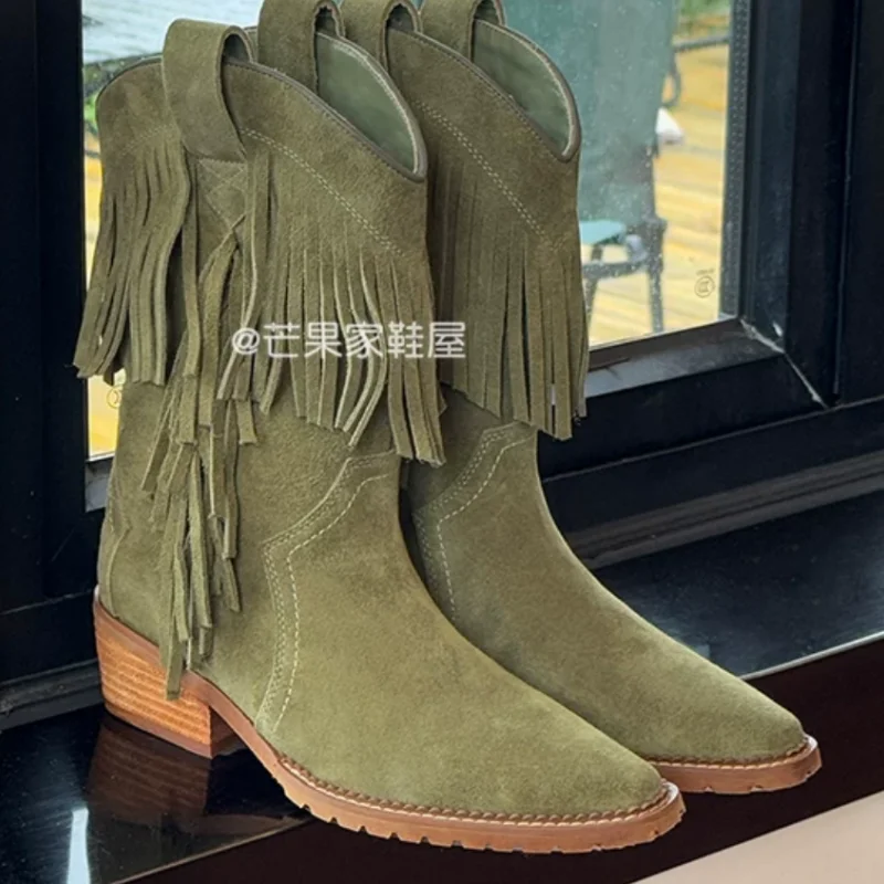 Tassel Female Short Boots Pointed Toes Chunky Low Heels Sewing Lines Chassure Femme Solid Zapatos Mujer Stitching Womens Shoes