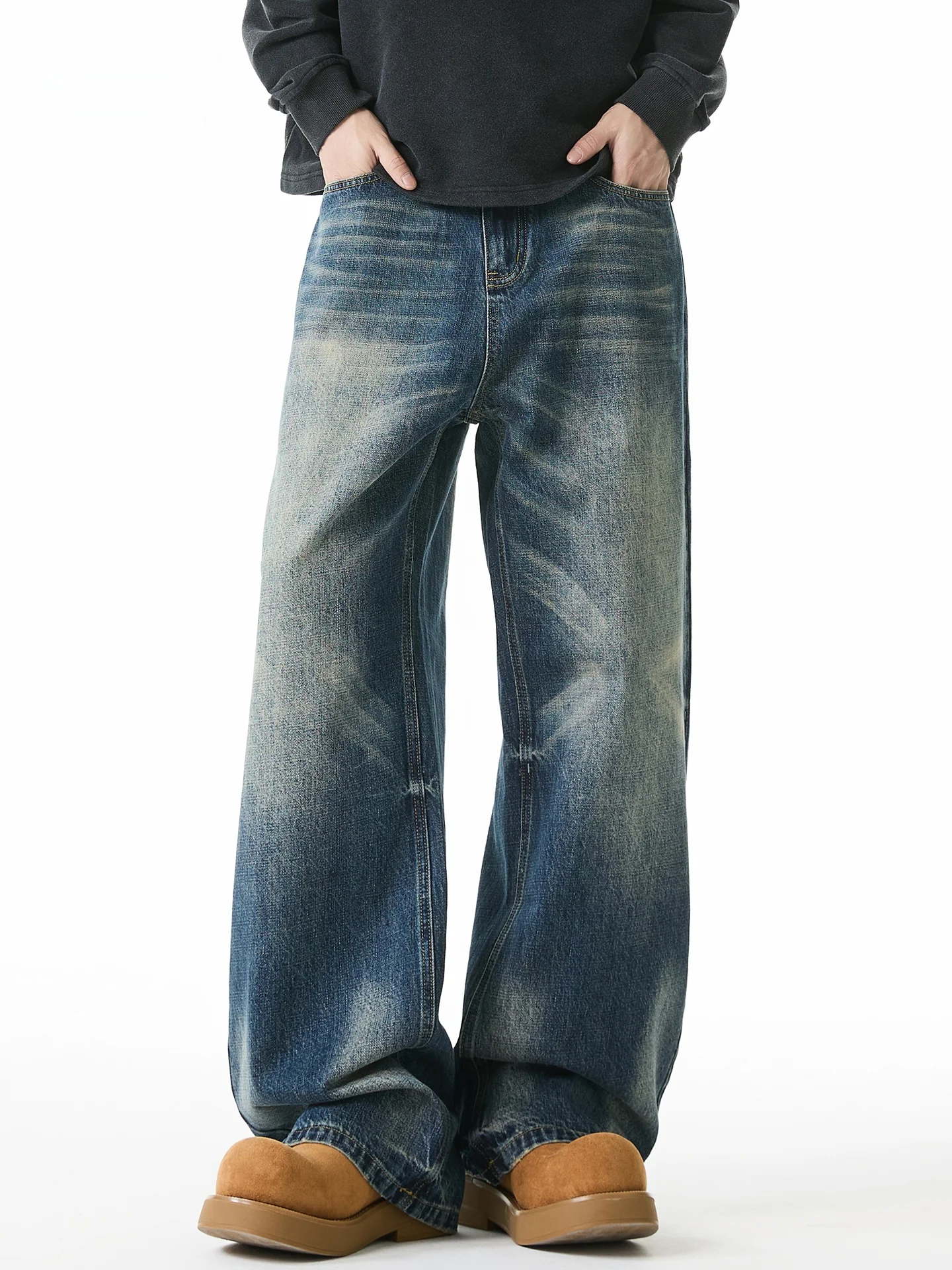 

Мужские джинсы прямого кроя с широкими штанинами и американским волнообразным узором в стиле ретро, винтажные повседневные брюки из смеси хлопка и полиэстера с эффектом потертости