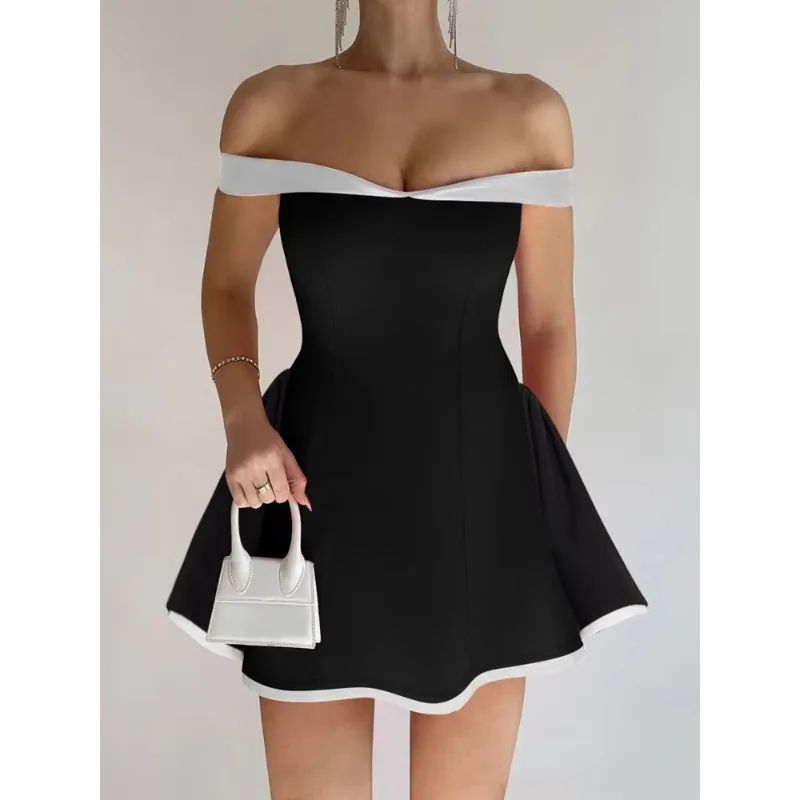 Off-shoulder Strapless Sexy Shrot Dress Women Fashion Patchwork Sleeveless Backless High Waist A-line Club Party Dress