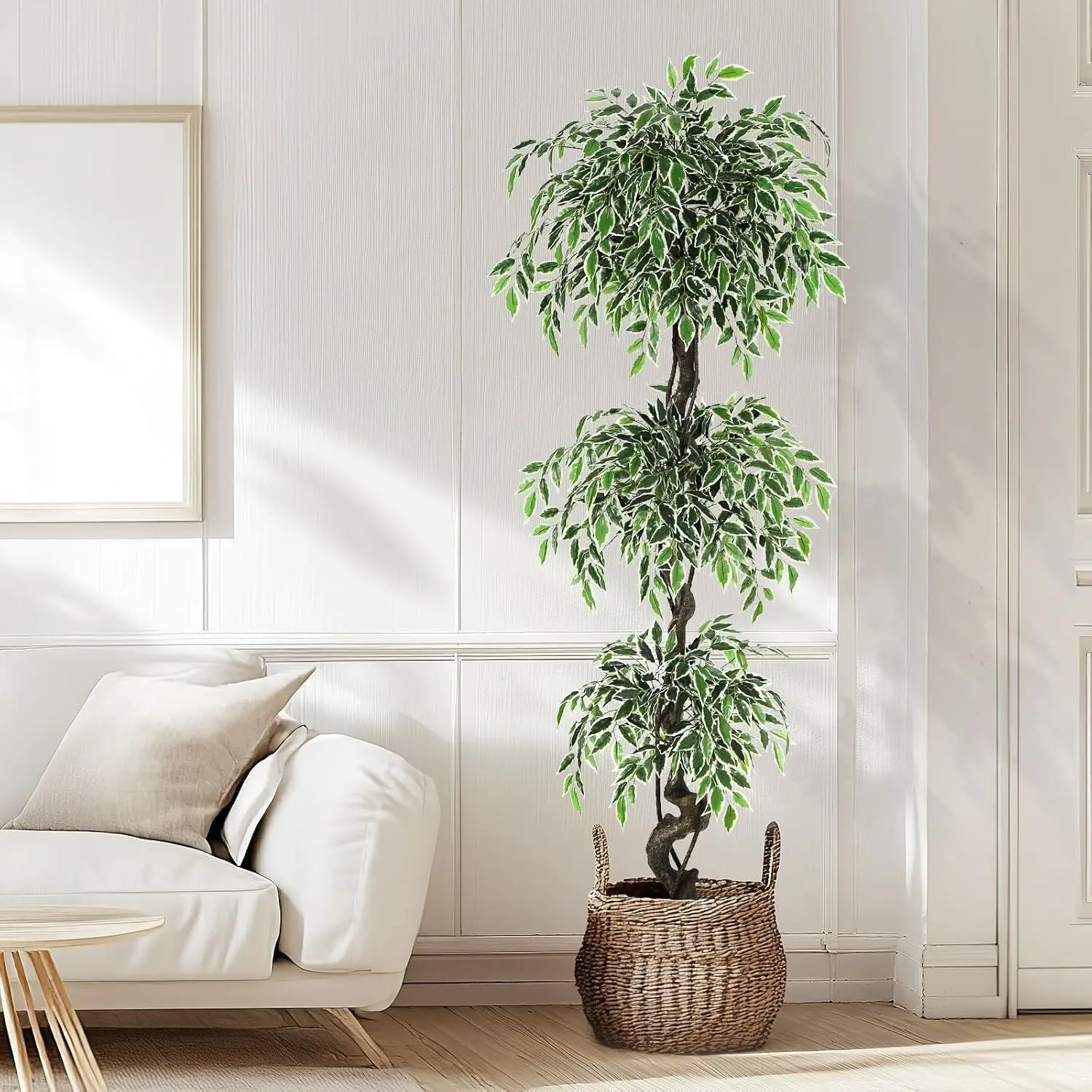 Árbol de Ficus Artificial para decoración del hogar y la Oficina, árbol de suelo de imitación, macetero de cerámica de imitación blanca, árbol de Ficus falso realista