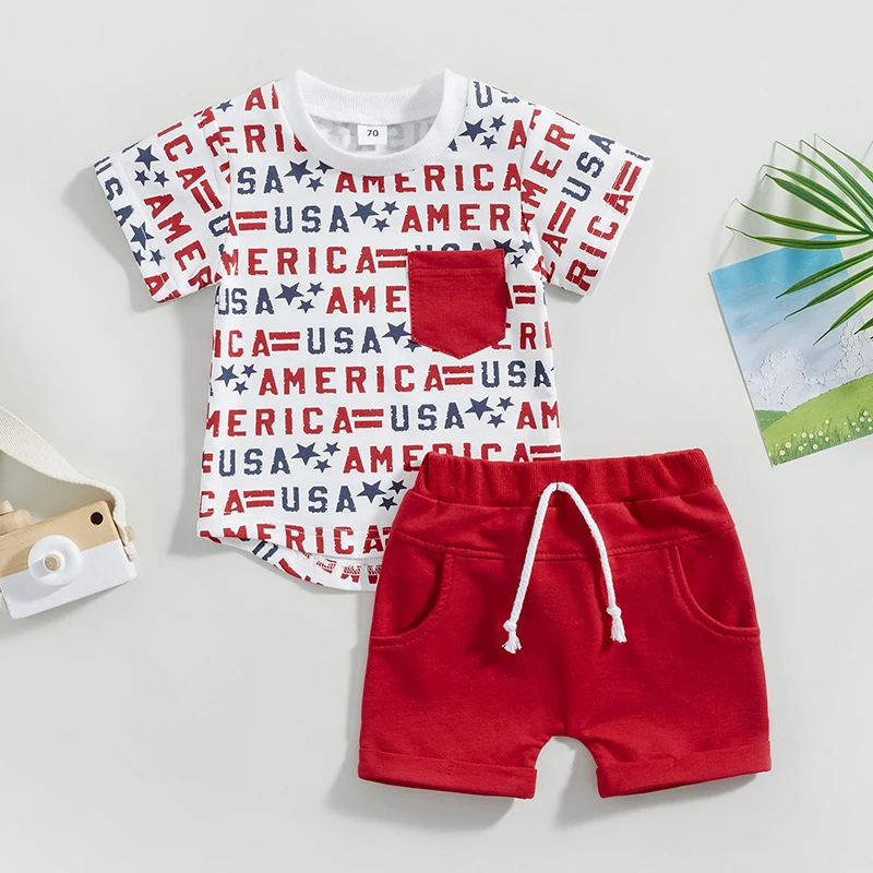 Toddler Baby 4th of July Outfit Short Sleeve Round Neck Patriotic Shirt Drawstring Shorts Set Summer Clothes