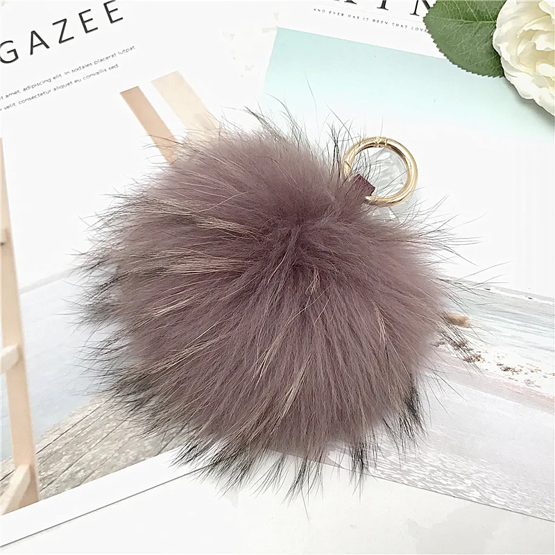 Big 15cm Fluffy Real Raccoon Fur Ball Pom Poms Natural Fox Pompom Leather Strap Keychain Key Chain Ring Pendant For Women Charm