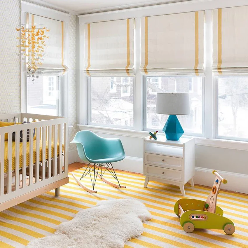 

Motorized/Cord White With Yellow Trims Flat Roman Shades With Hardware Included Custom Window Curtains For Living Room