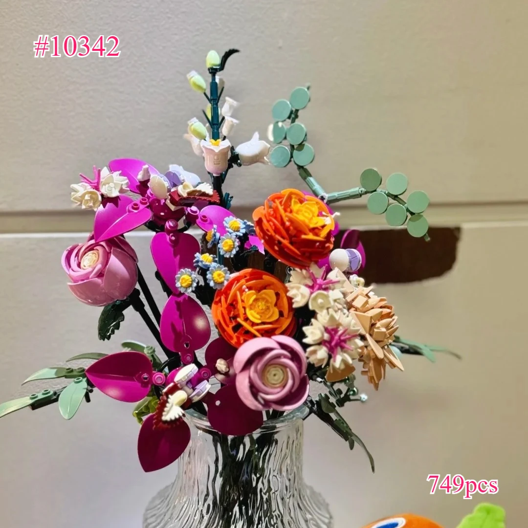 

Романтический красивый розовый букет цветов, наборы строительных блоков 10342, совместимые с деталями Legoed, подходят для рождественских подарков