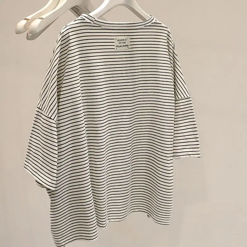 Summer New Striped Plus Size Street Casual Tops Short Sleeve O-neck Loose Youth Fashion T Shirts Vintage Korean Women Clothing