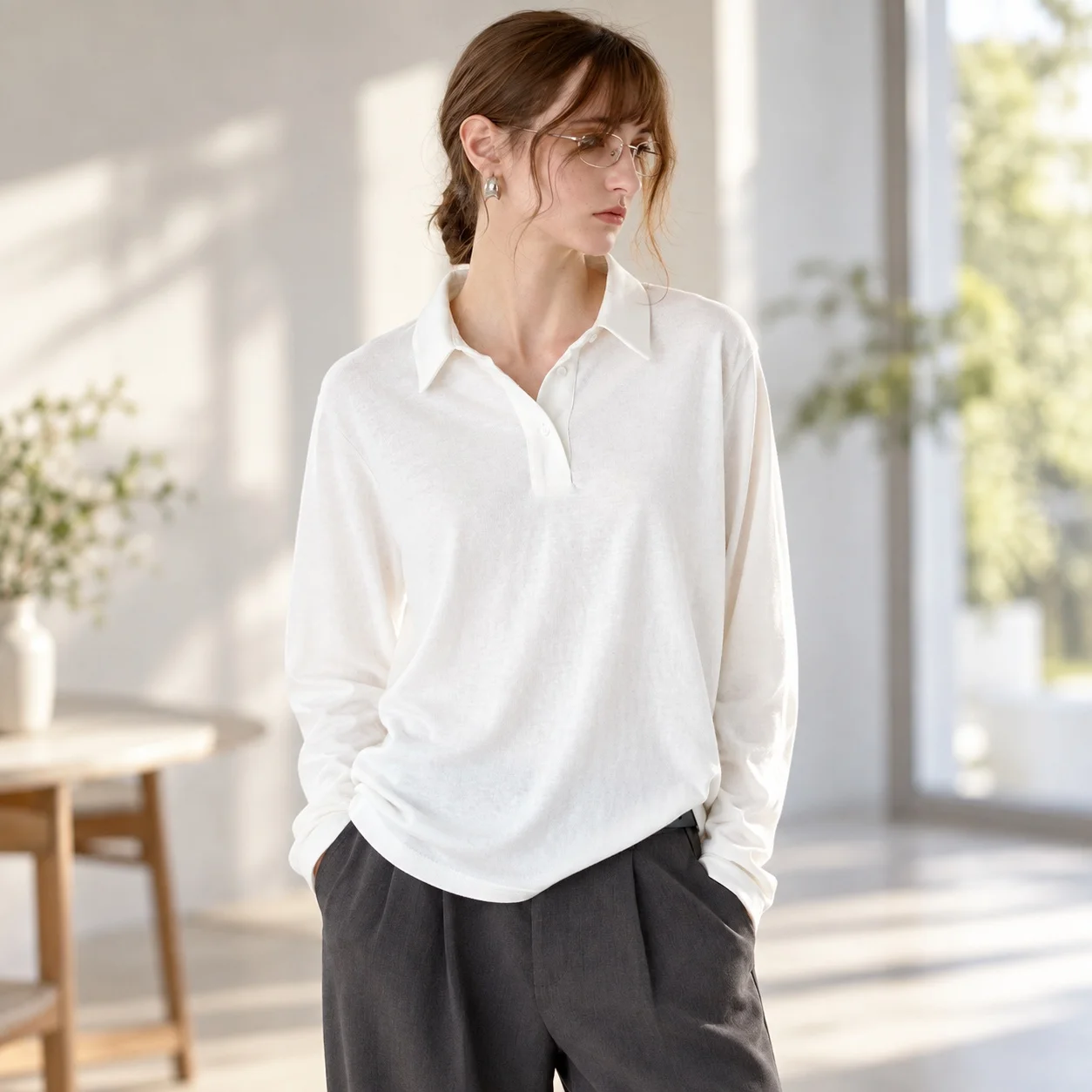 Long Sleeve Polo Collar Top Regular Fit Casual Women T Shirt with Daily Wear Beach Travel Elegant Professional Standard Length