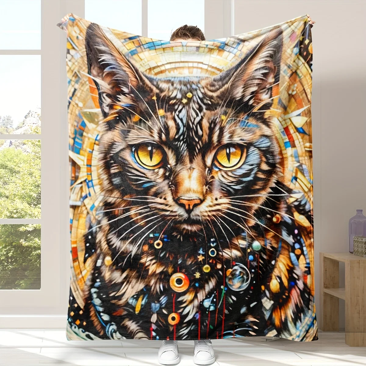 1pc 3D Charming Tiger Cat Throw Blanket, Rustic Polyester Digital Print, Soft Cozy Air Conditioner Blanket For Home Decor, Anima