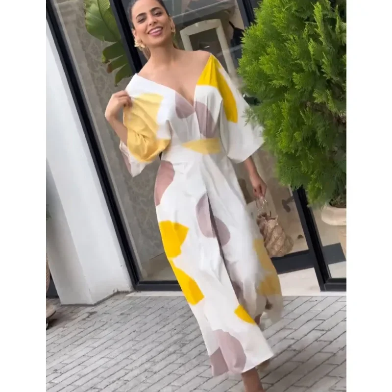 Abito da donna a vita alta con scollo a V Abaya a maniche corte sexy senza schienale per donna Abito lungo estivo con stampa floreale Boho Chic Abito elegante