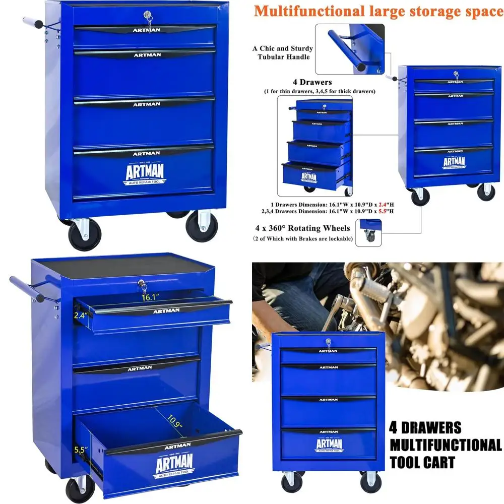 

Многофункциональный ящик для инструментов на колесиках с 4 ящиками, прочный органайзер на тележке для хранения инструментов в складках