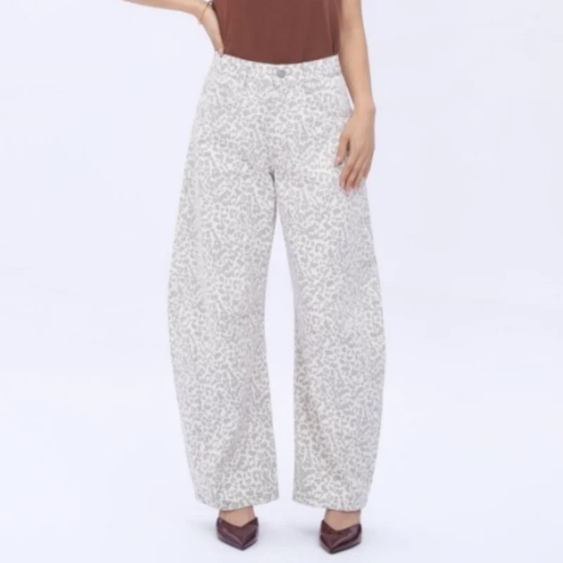 

High Waist Women Barrel Jeans White Leopard Print Denim Pants Casual Loose Wash Wide-leg Pants Simple Straight Leg Jeans