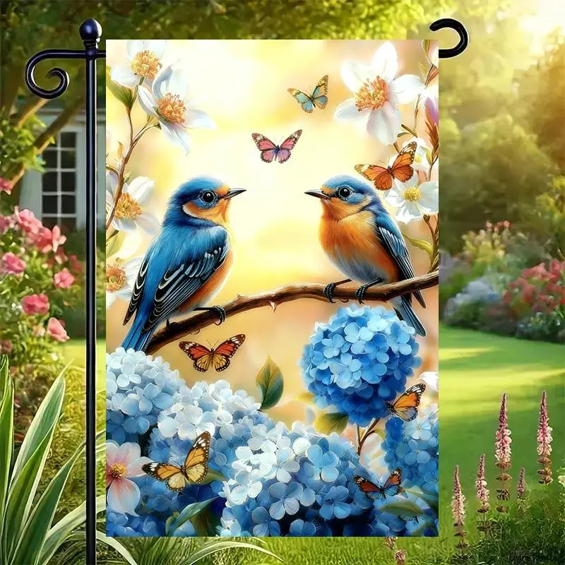 Spring Summer Hydrangea Bluebird Garden Flags for Outside 12x18 Double Sided, Small Burlap Farmhouse Floral Welcome Yard Law AAS
