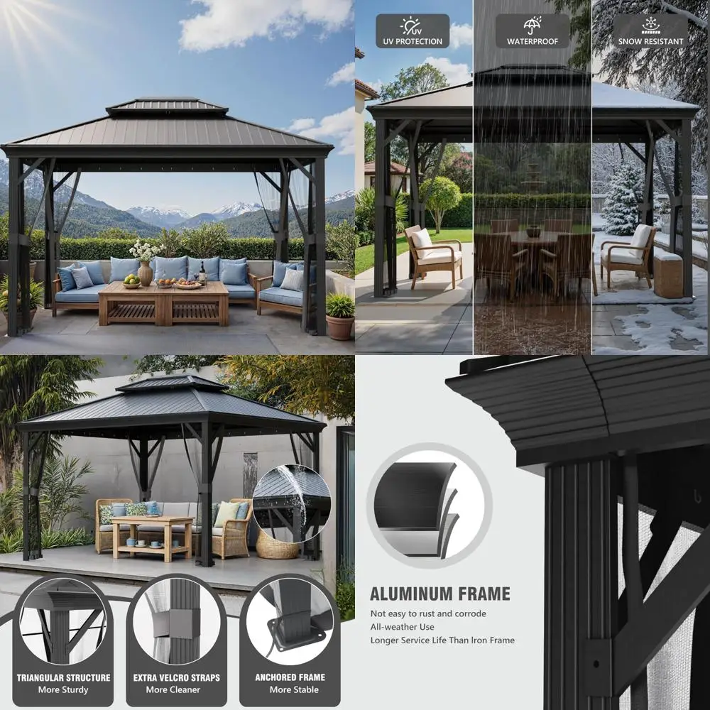 

Sturdy 10x12 Aluminum Frame Gazebo with Double-Galvanized Steel Roof and Mosquito Netting for Outdoor Use