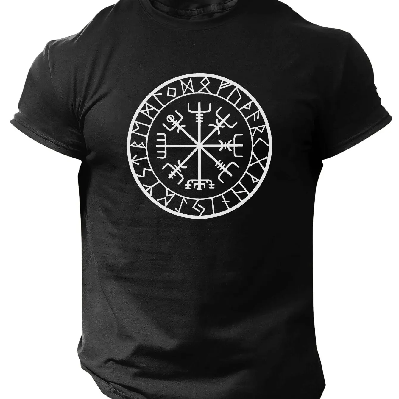 Men Casual Compass Rune Graphic Tee - Black Polyester Short-Sleeve T-Shirt with Norse Symbol Print Ideal for Summer Outings
