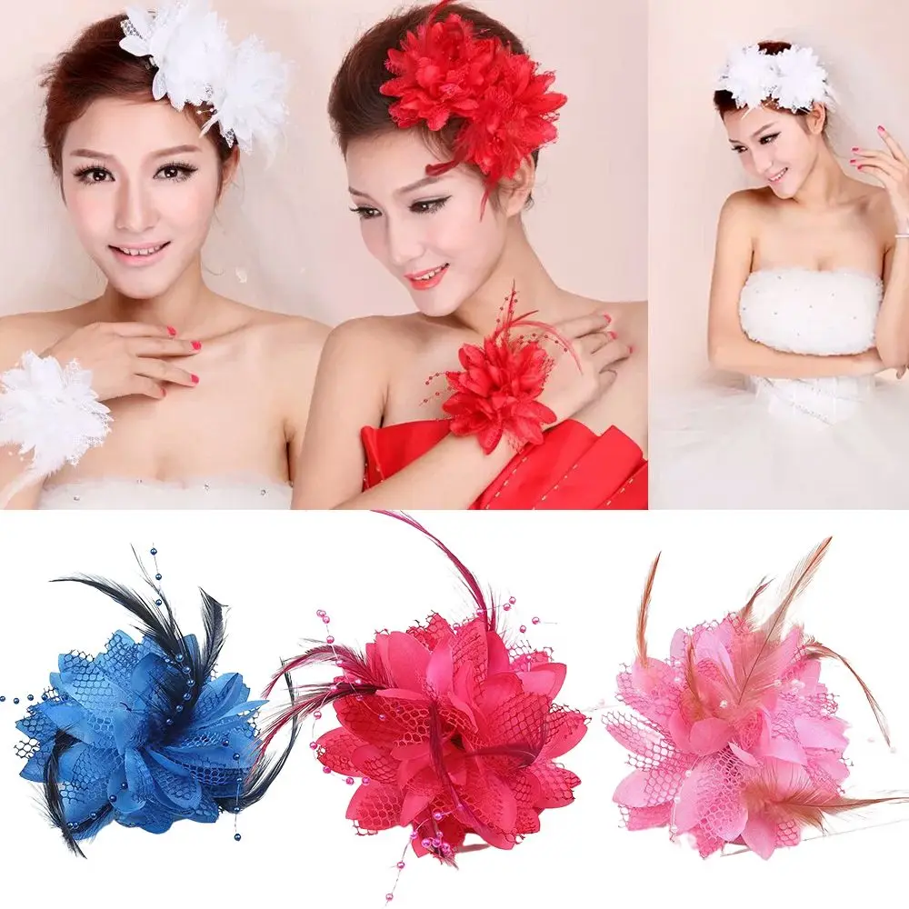 Beaded Feather Hair Clip Bridal Wrist Flower Wedding Hair Accessories Latin Dance Performance Hairpin Headdress