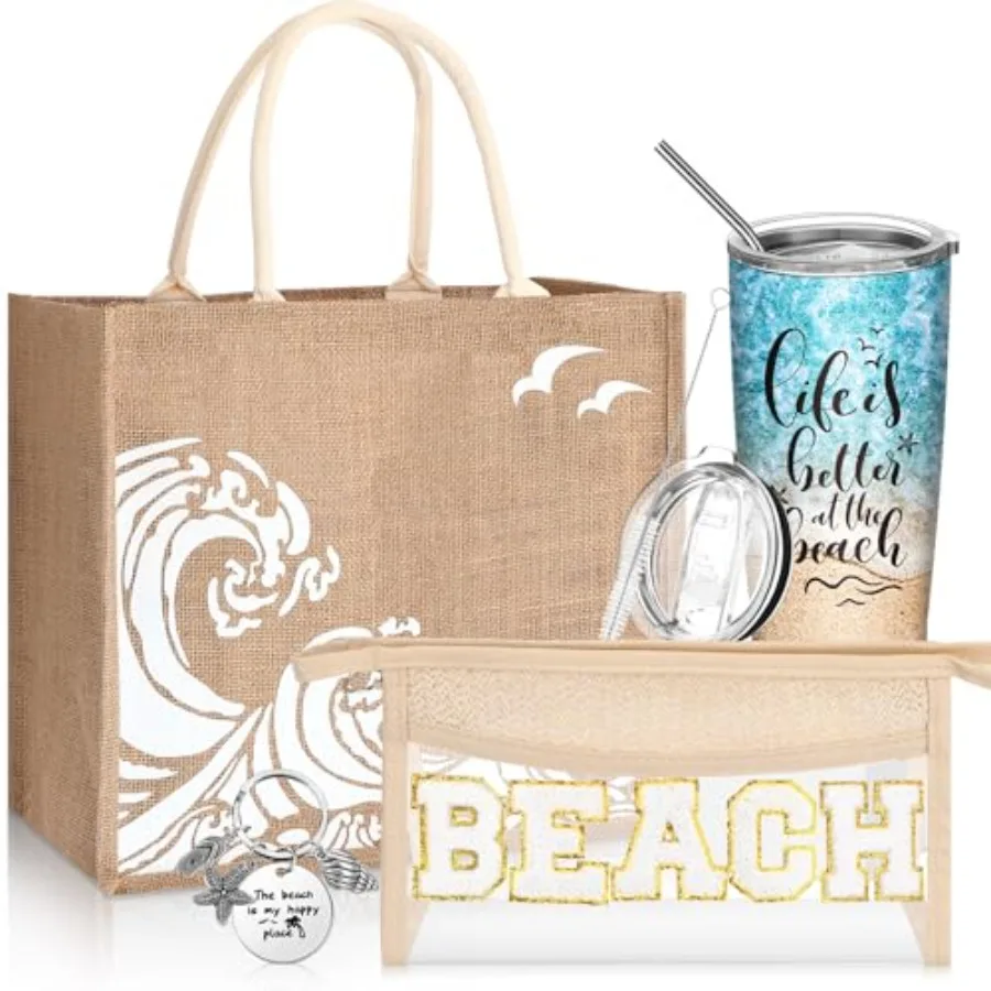 

6 Pcs Beach Gifts for Women Set Beach Theme Gift Set Burlap Tote Bags Cosmetic Bag 20 oz Tumbler Keychain for Birthday Holiday