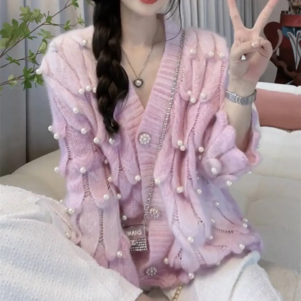 

Fashion Beads High-Grade Sweet Elegant Sweater Coat Women 2023 New Fall Winter Rose Long-Sleeve Knitted Cardigan Top