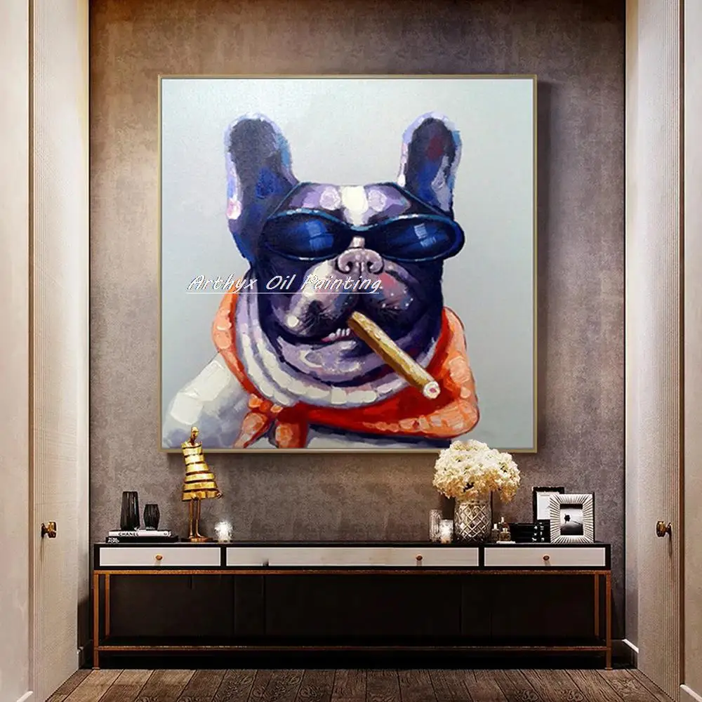 Arthyx Handmade Abstract Smoking Dog Cartoon Animal Oil Painting On Canvas,Modern Pop Art,Wall Pictures For Kids Room Home Decor