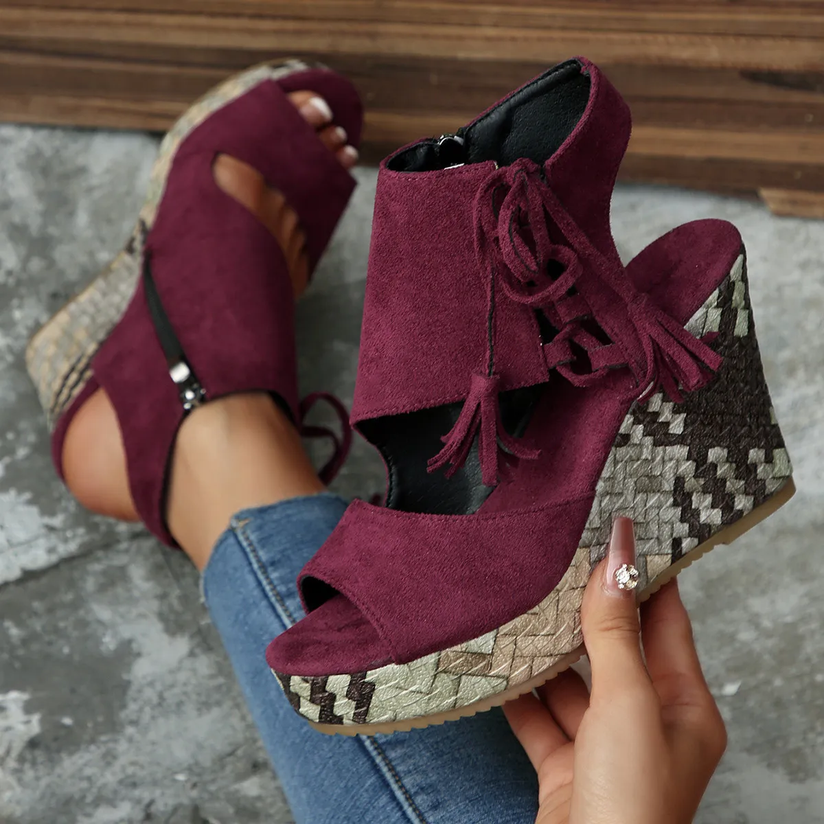 Summer Women's Slope Heel Sandals Tassel High Heel Fish Mouth Thick Sole Shoes 2026 Fashion Trend Women's Footwear
