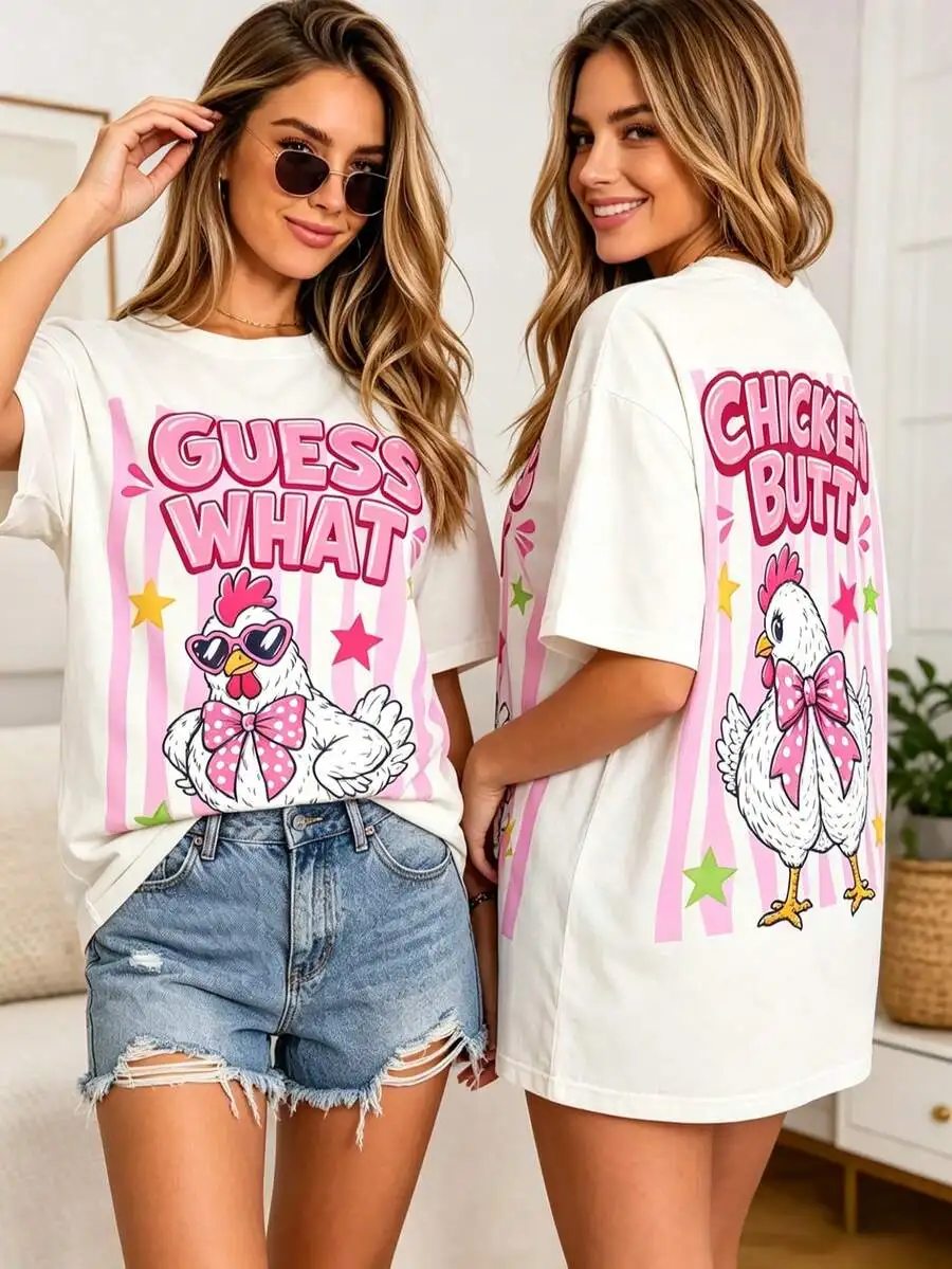 Women's Y2K Graphic Tee What Chicken Butt Print Streetwear Aesthetic Short Sleeve Casual Top For Going Out Graduation Outfits Gift For Her