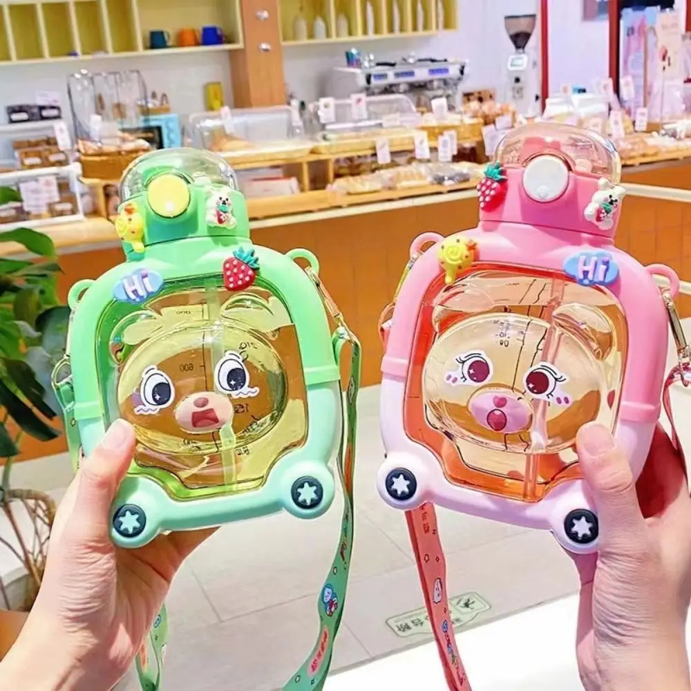 

Creative With Straw Kids Water Sippy Cup Leakproof Plastic Portable Drink Bottle Cartoon Straps Bear Plastic Cup Bottle School